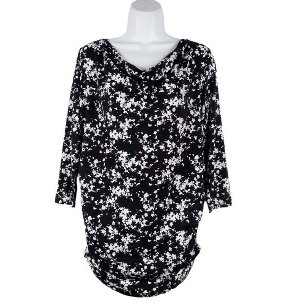 Oh Baby by Motherhood‎ Womens Top S Black 3/4 Sleeve Cowl Neck Ruched Floral